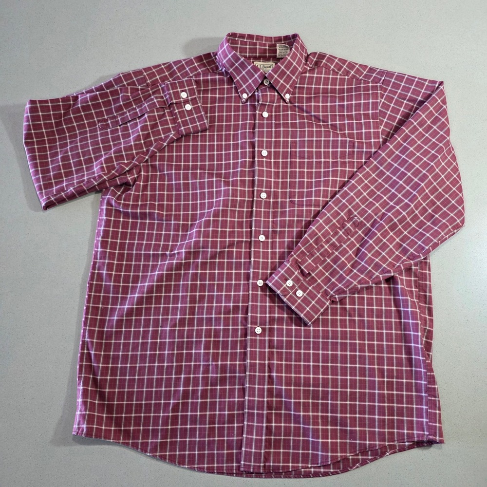 LL Bean Mens Large Regular Burgundy Plaid Cotton Button Down Shirt OMT78